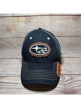 Subaru Trucker Hat Cap Adult Snap Back Navy Blue Orange --Distressed Patch